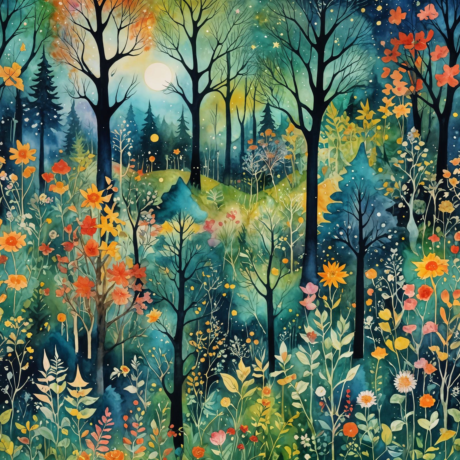 Whimsical Starlit Woodland in Watercolor