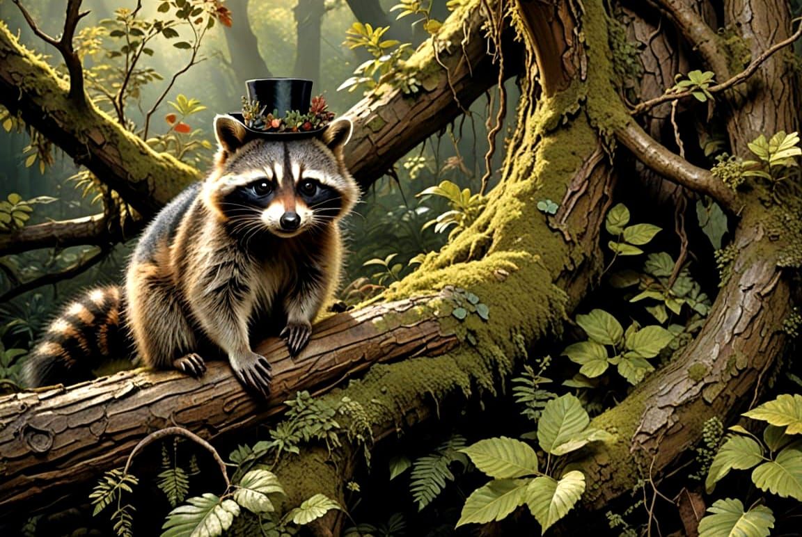 Raccoon in Top Hat, Hyperrealistic Forest Scene