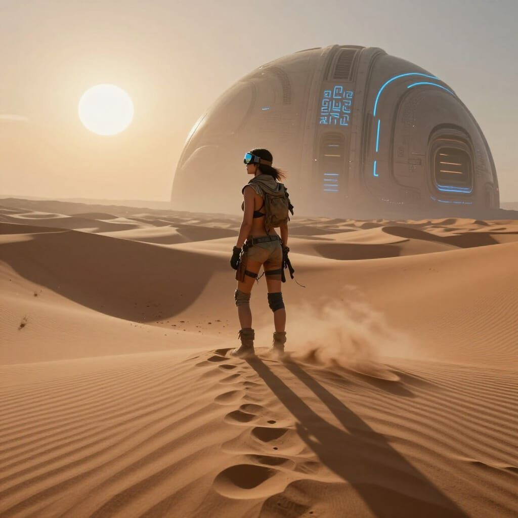 Alien Scavenger on Desert Planet with Twin Suns