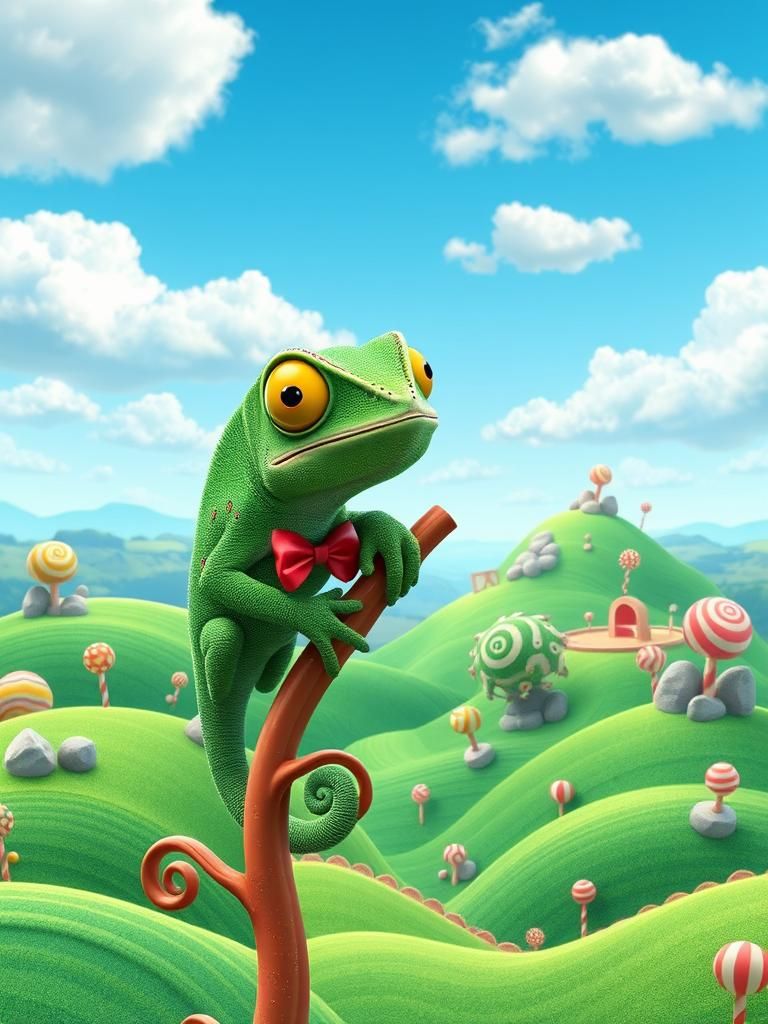 Candy Landscape with Green Chameleon in 3D Illustration