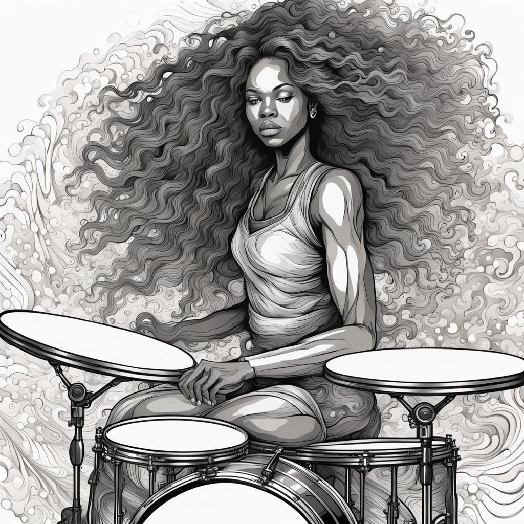 Dynamic African American Girl Drummer with Flowing Hair