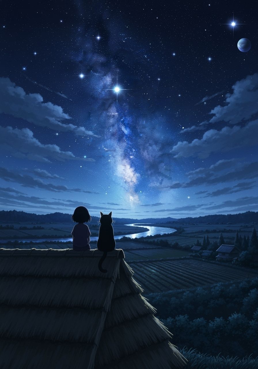Anime Starry Night Sky with Girl and Cat
