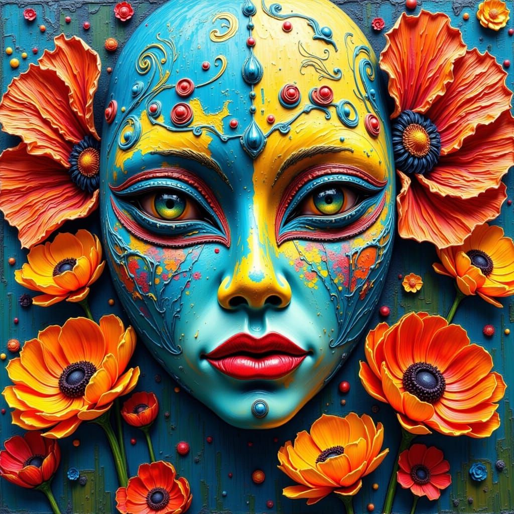 Masks and Flowers in Impasto Oil Painting