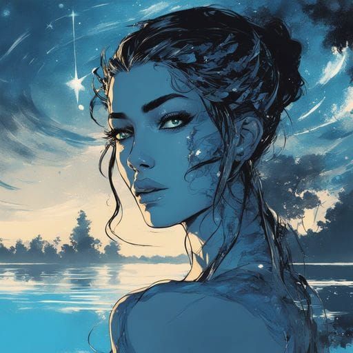 Azure Mistress Portrait on Lake in Splash Art Style