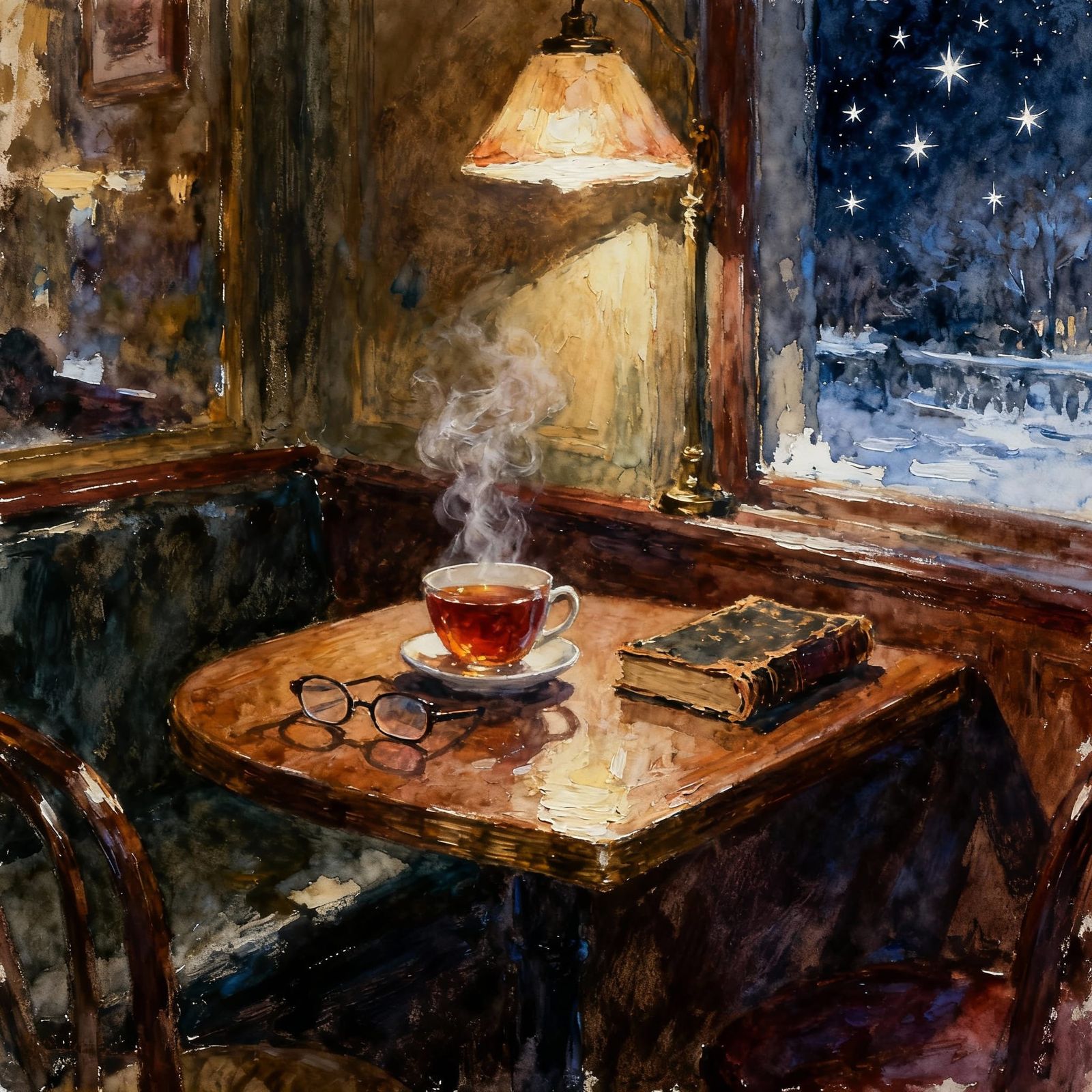 Cozy Dimly Lit Cafe Scene with Tea and Book