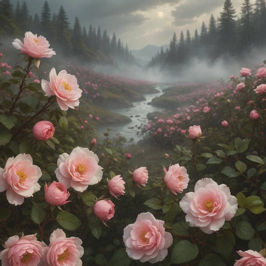 Dramatic Digital Painting of Wild Roses