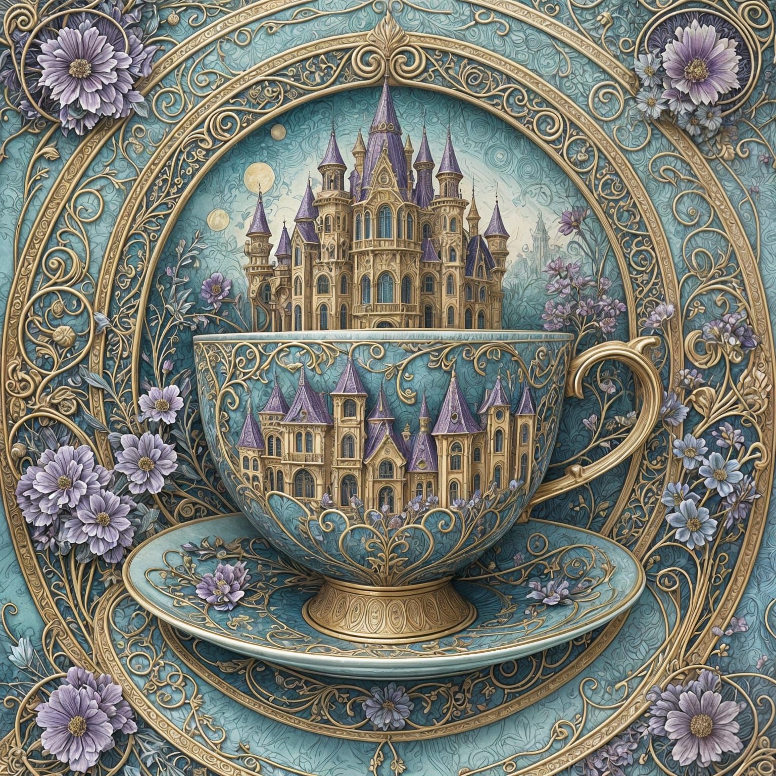 Fantasy Architecture in Teacup, Art Nouveau Illustration