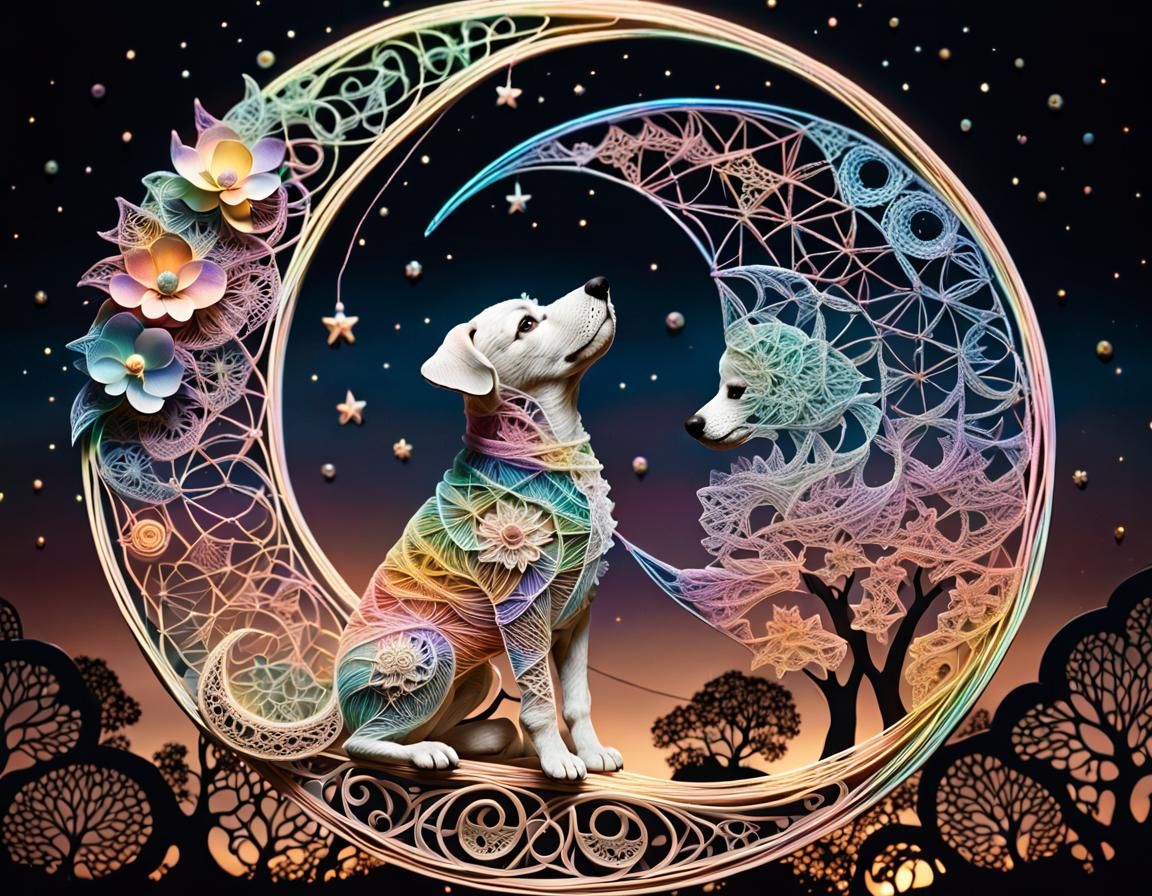 String Art Moon with Puppy in Art Nouveau Style