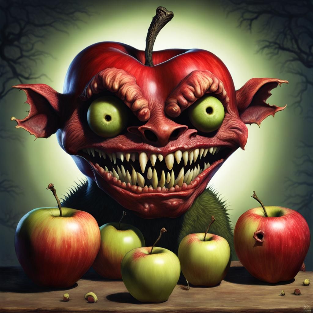 Anthropomorphic Apple Zombie Bites into Apples