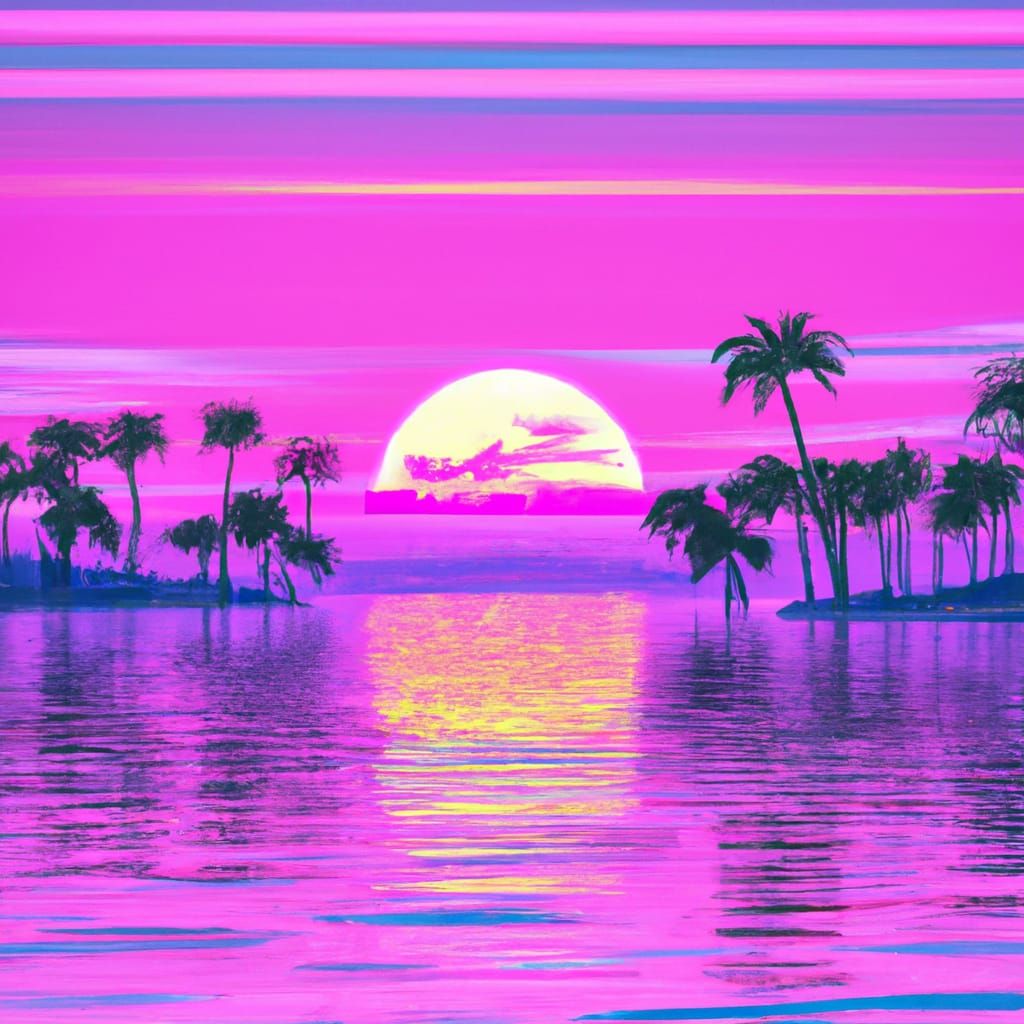 Vaporwave Sunset Over Lake Digital Illustration