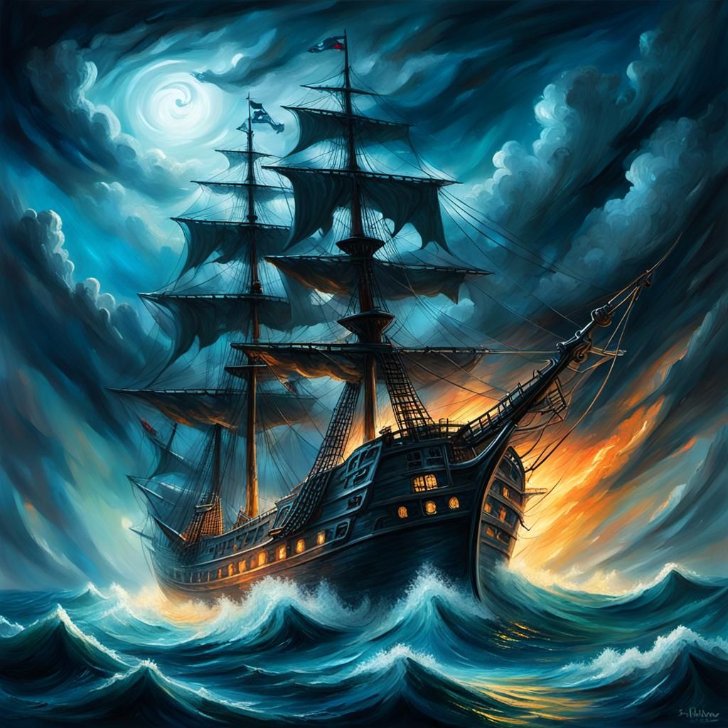 Ghostly Pirate Ship Emerges from Stormy Sea