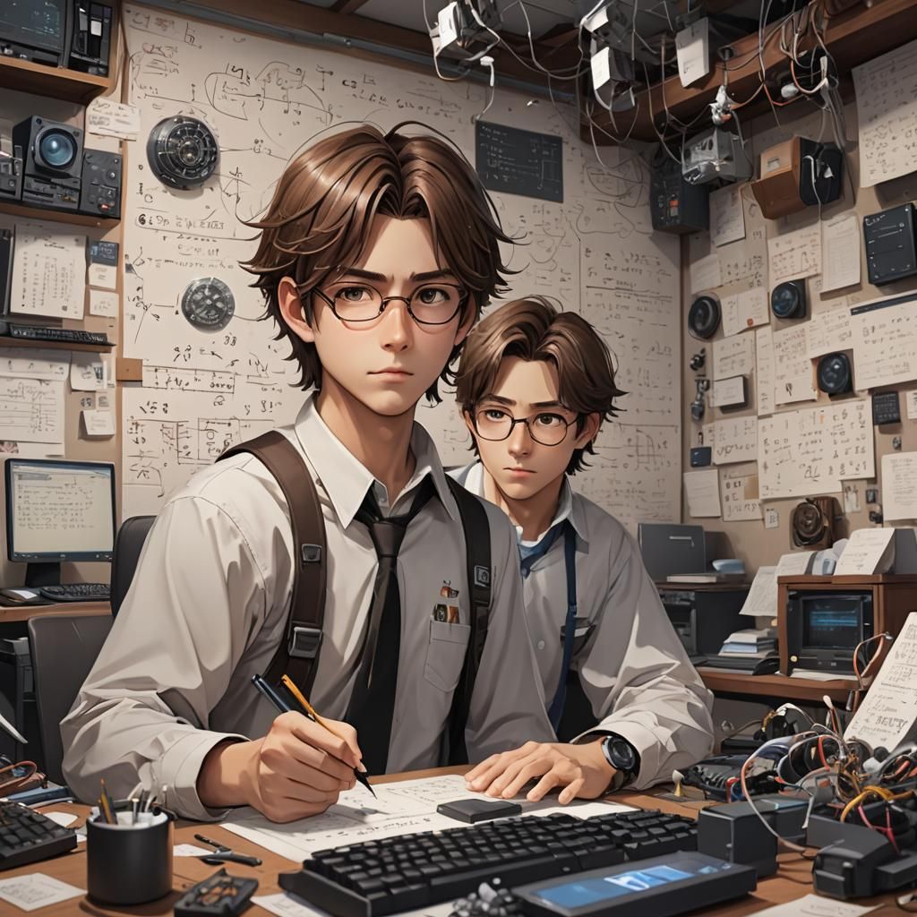 Cyberpunk Concept Artist at Work, Brown-Haired Genius in Hig...