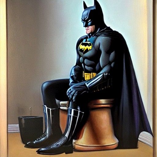 Batman on Toilet in Oil Painting Style