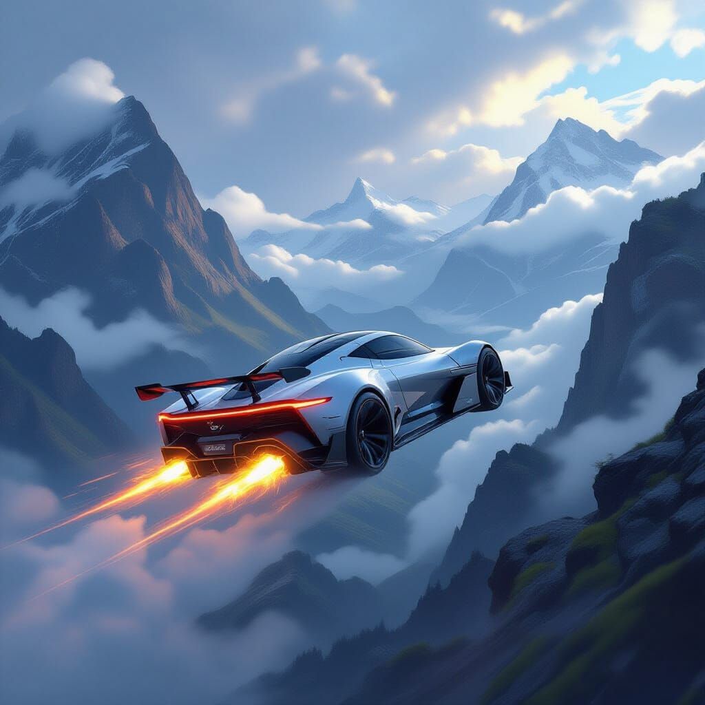Futuristic Racing Car Jumps Between Mountains