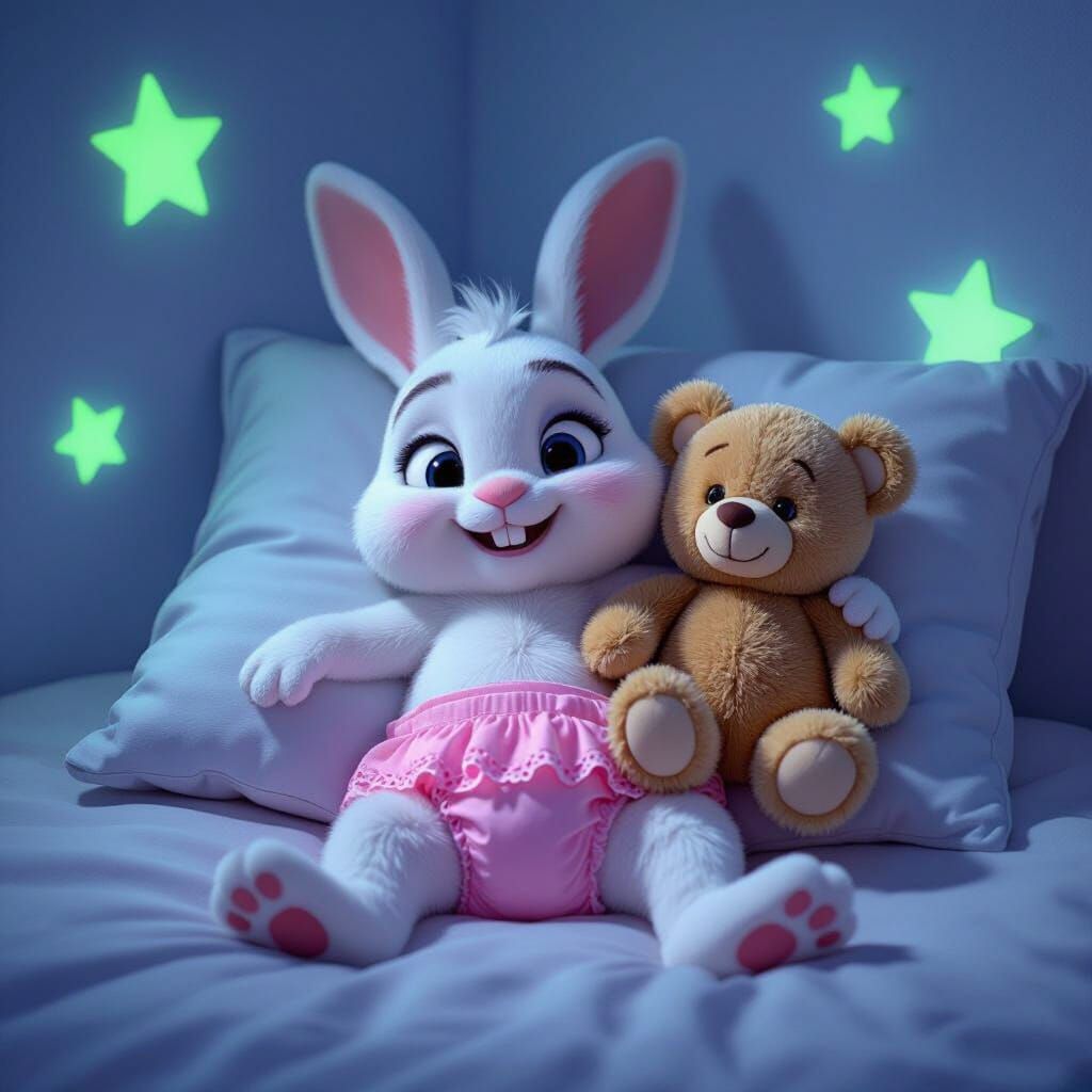Cute Bunny Relaxing with Teddy Bear Under Starry Night