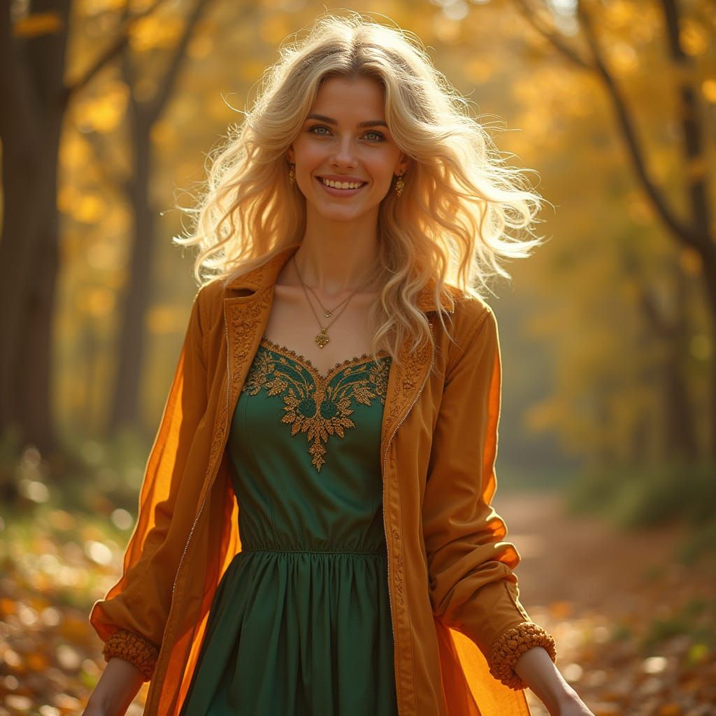 Serene Woman in Green Silk Dress in Autumn Forest