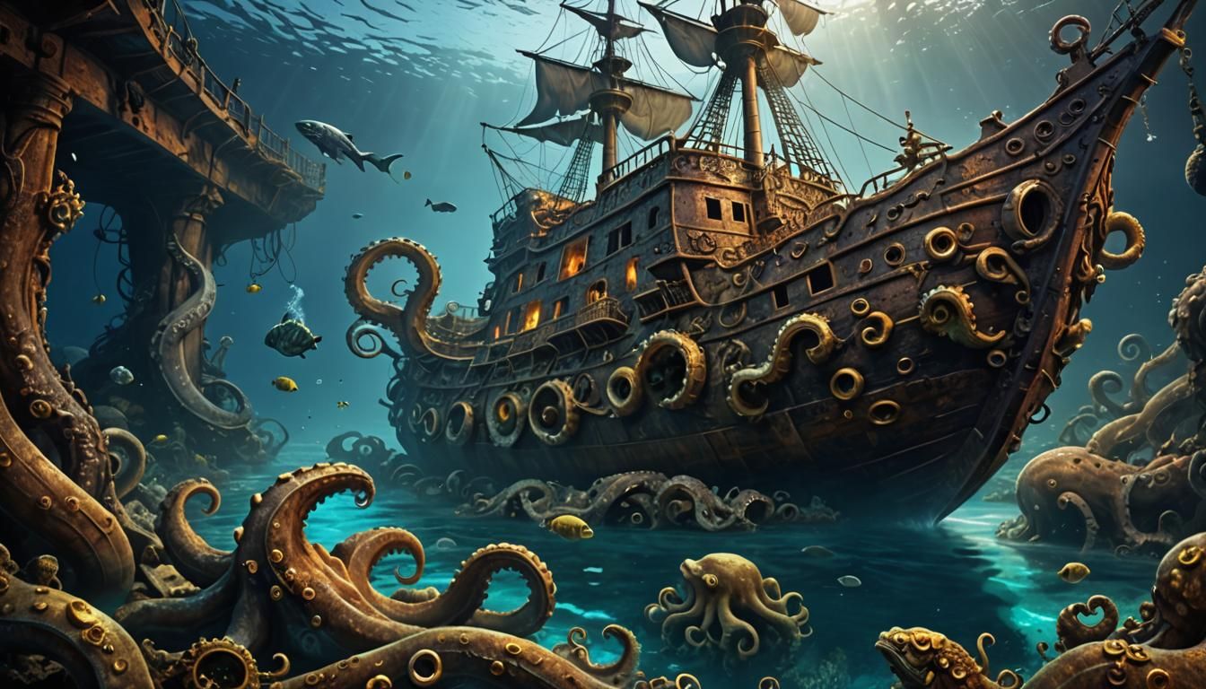 Sunken Pirate Ship with Treasure, Ocean Floor