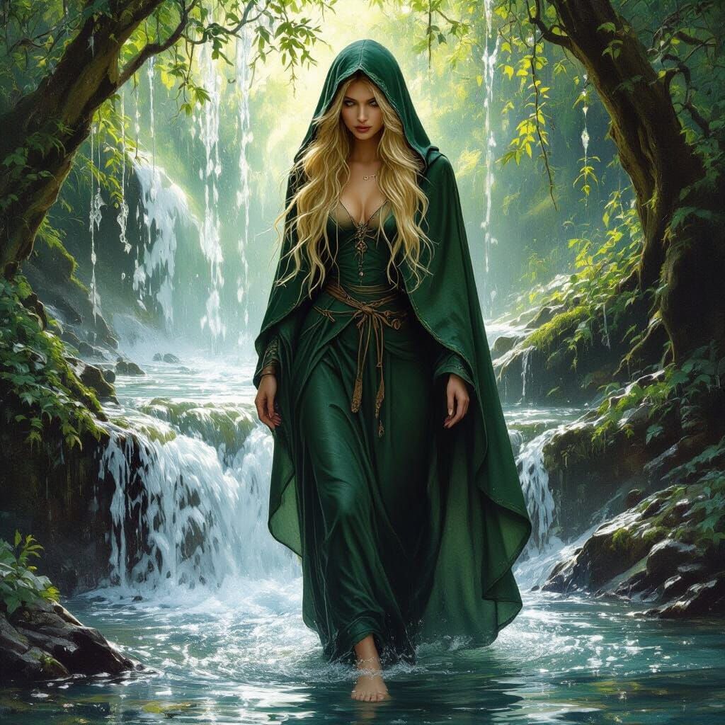 Mysterious Woman in Green Cloak Walks Through Waterfall