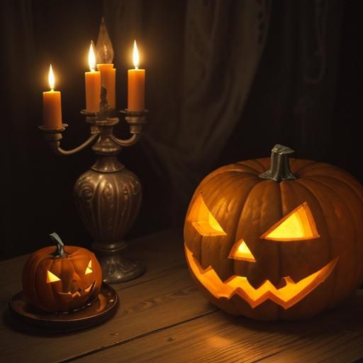 Glowing Jack-o'-Lantern Still Life as Oil Painting