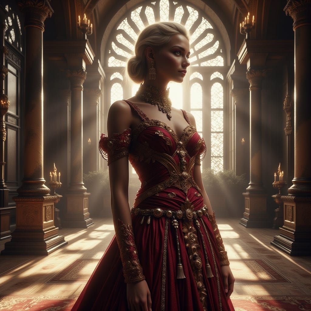 Regal Woman in Grand Hall: Hyperrealistic Dark Fantasy Art
