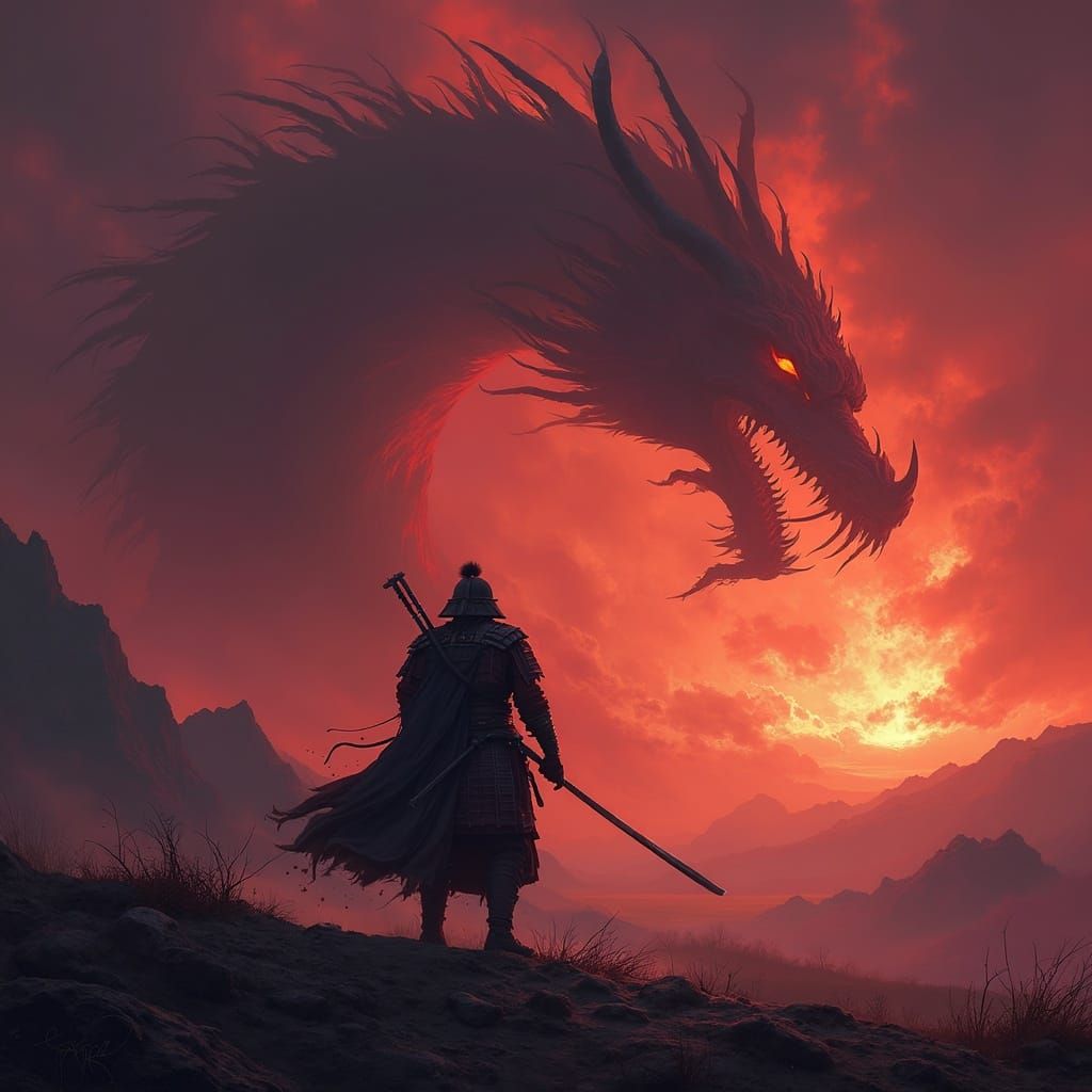 Samurai Warrior on Desolate Battlefield with Celestial Drago...