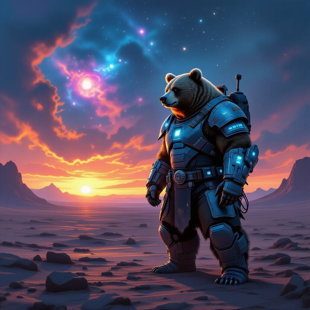 Cybernetic Bear on Alien Planet at Sunset