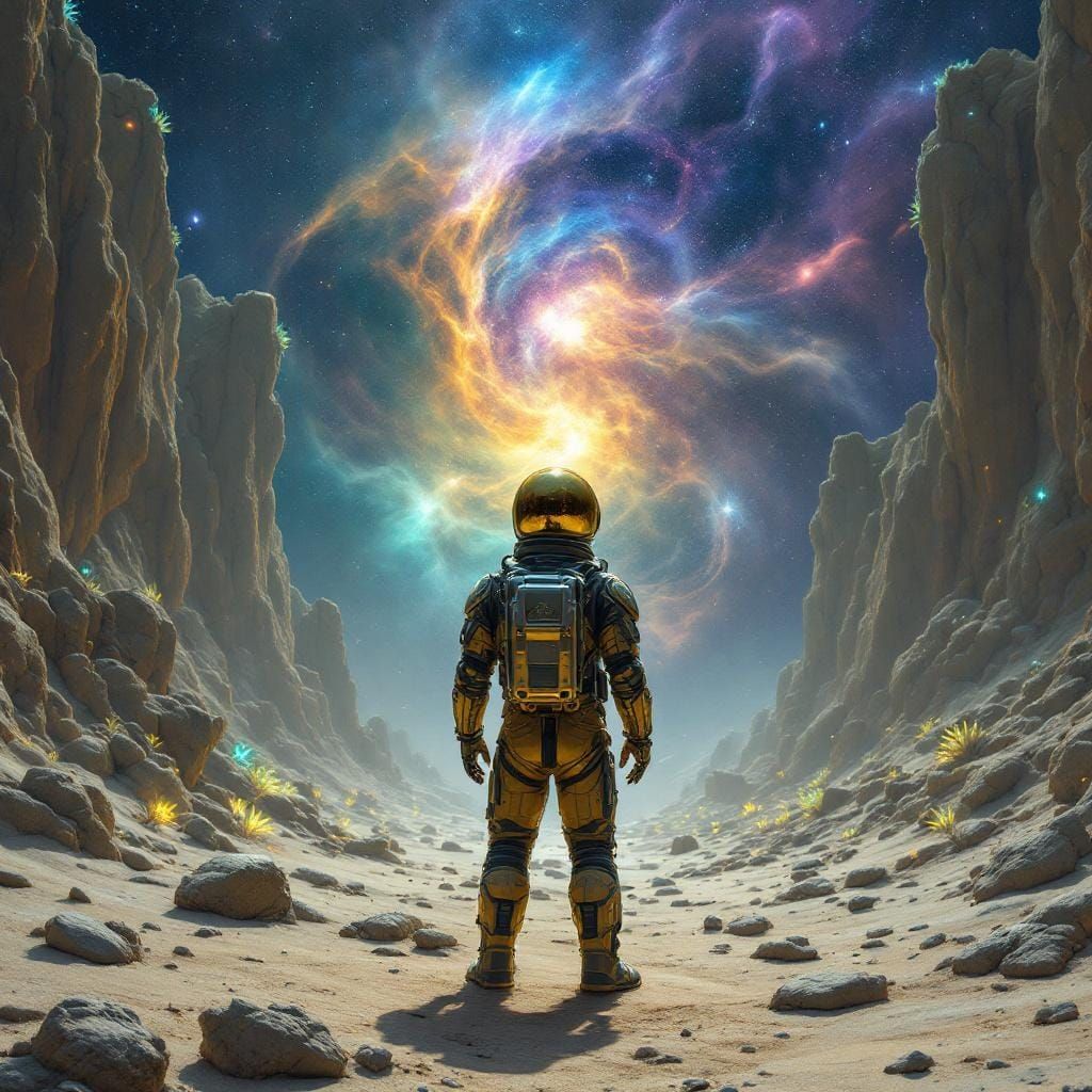 Astronaut on Alien Planet Gazing at Nebula
