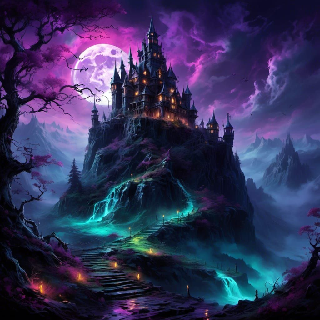 Dracula's Castle Under Full Moon Light