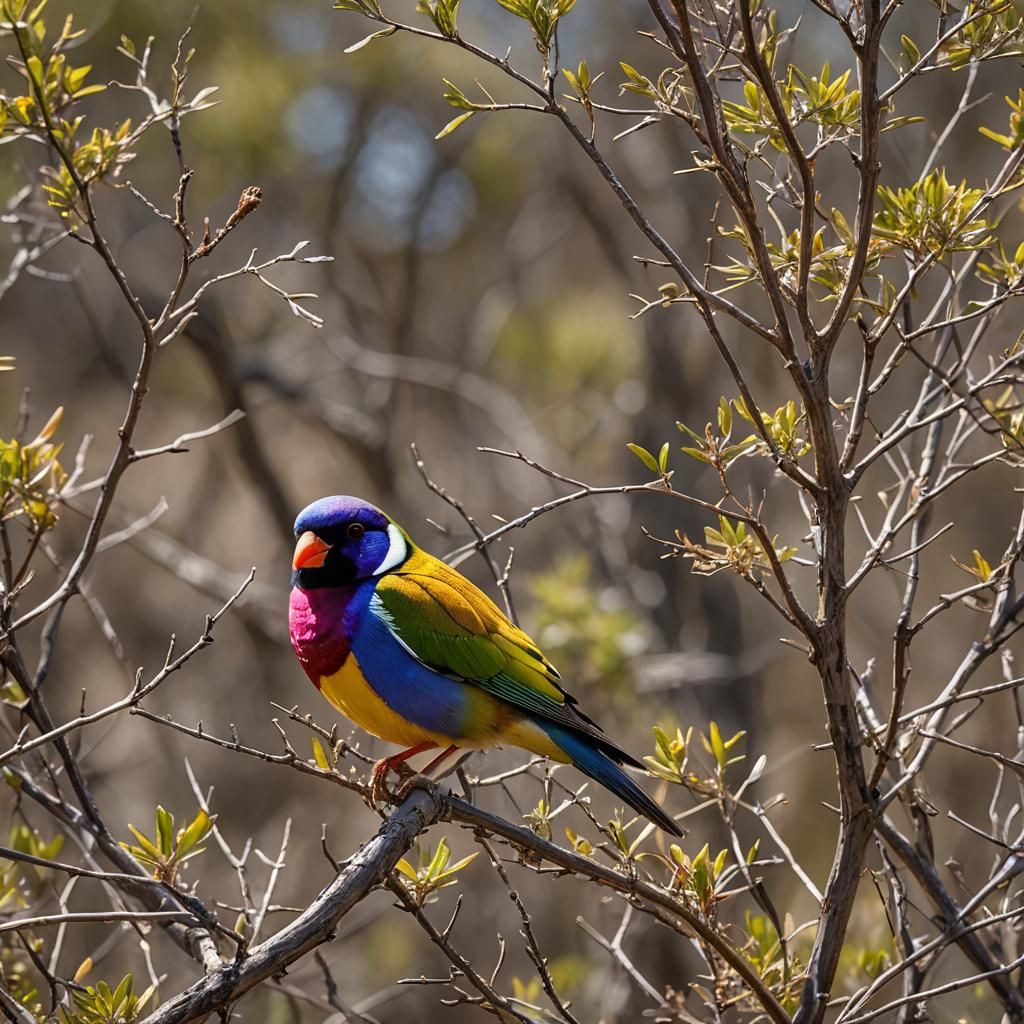 Gouldian Finch Perched on Bush in Blazing Sun