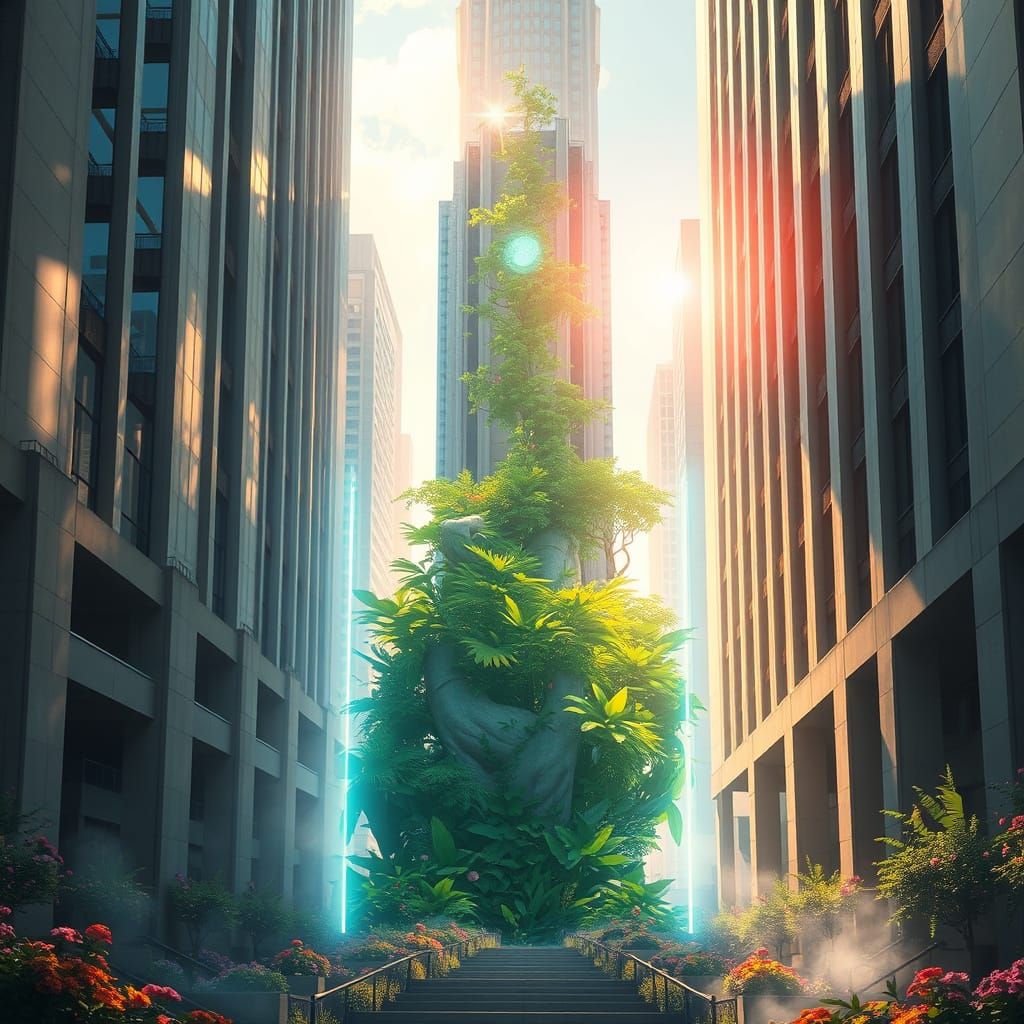 Dimensional Portal Reveals Oasis in Cityscape