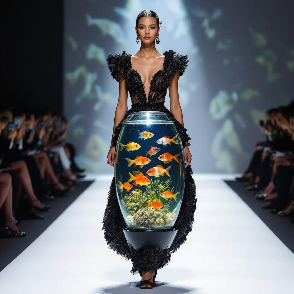 Model in Avant-Garde Dress with Fish Aquarium and Bee Embell...