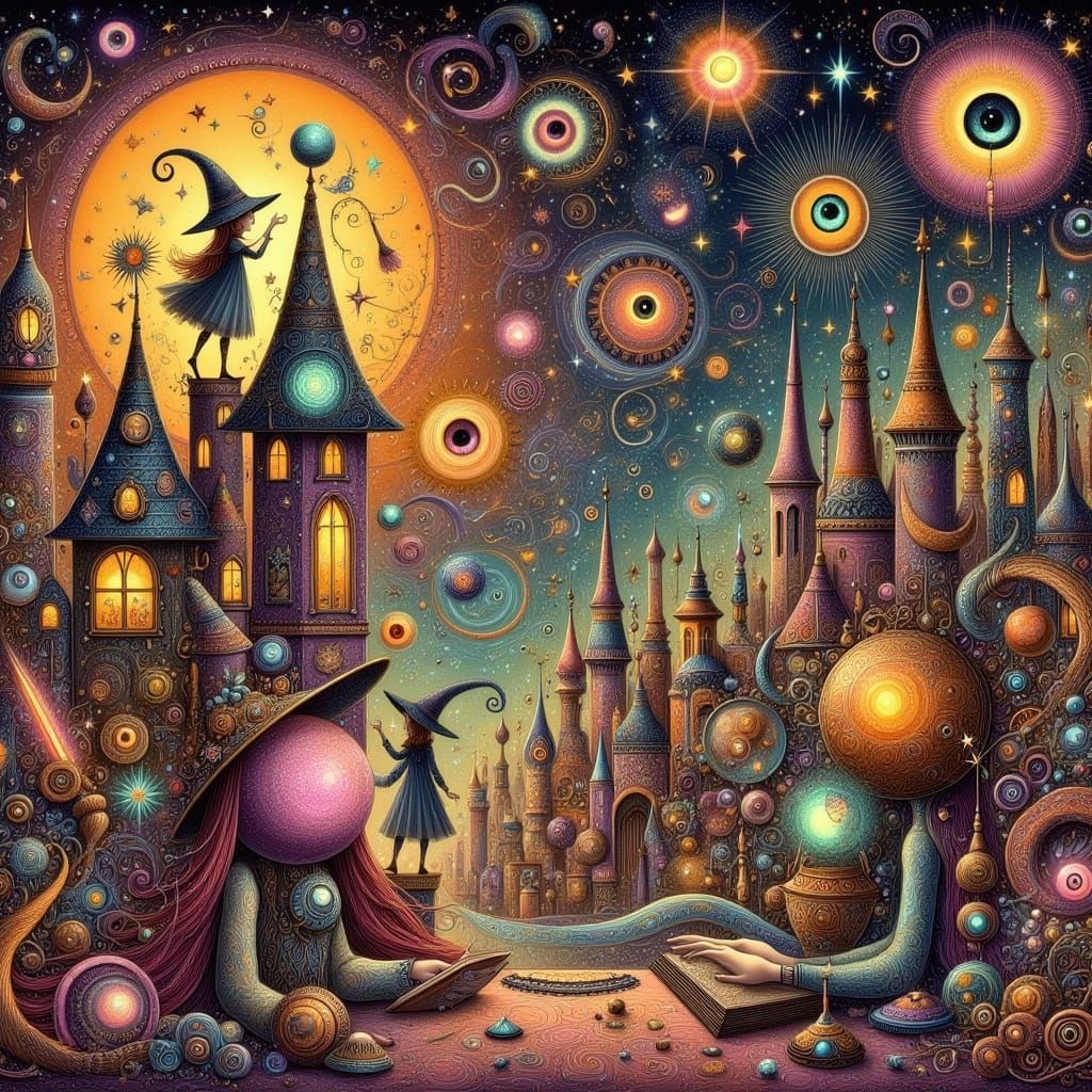 Ethereal Cityscape of Whimsical Witches