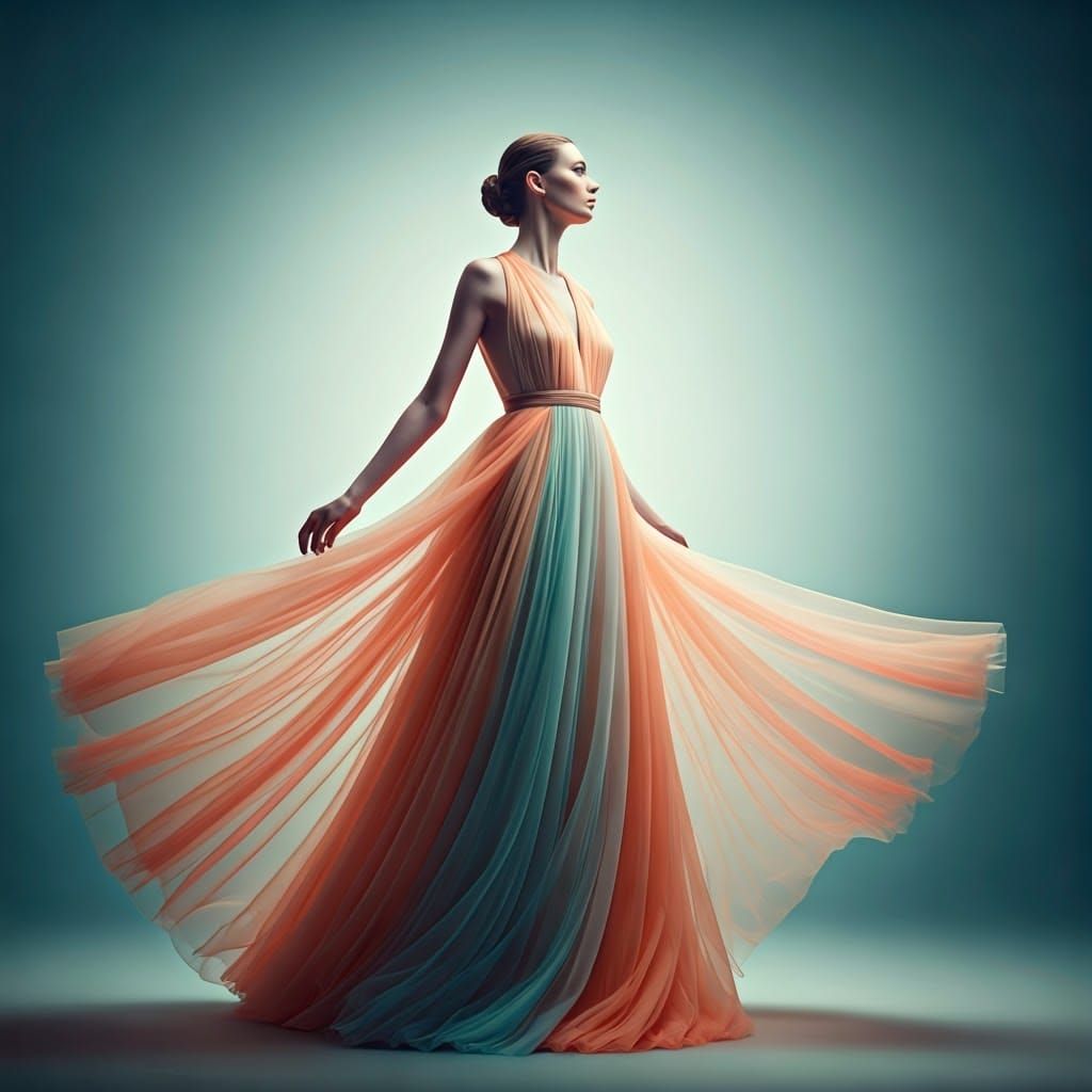 Ethereal Fashion: Model in Flowing Gown, Hyperrealistic Styl...