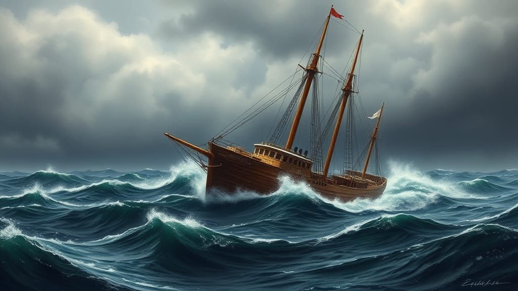 Merchant Ship Battles Stormy Sea in Dramatic Lighting