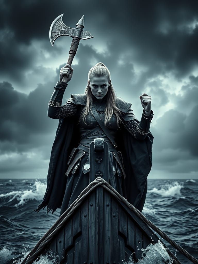 Viking Warrior on Longship in Film Noir Style