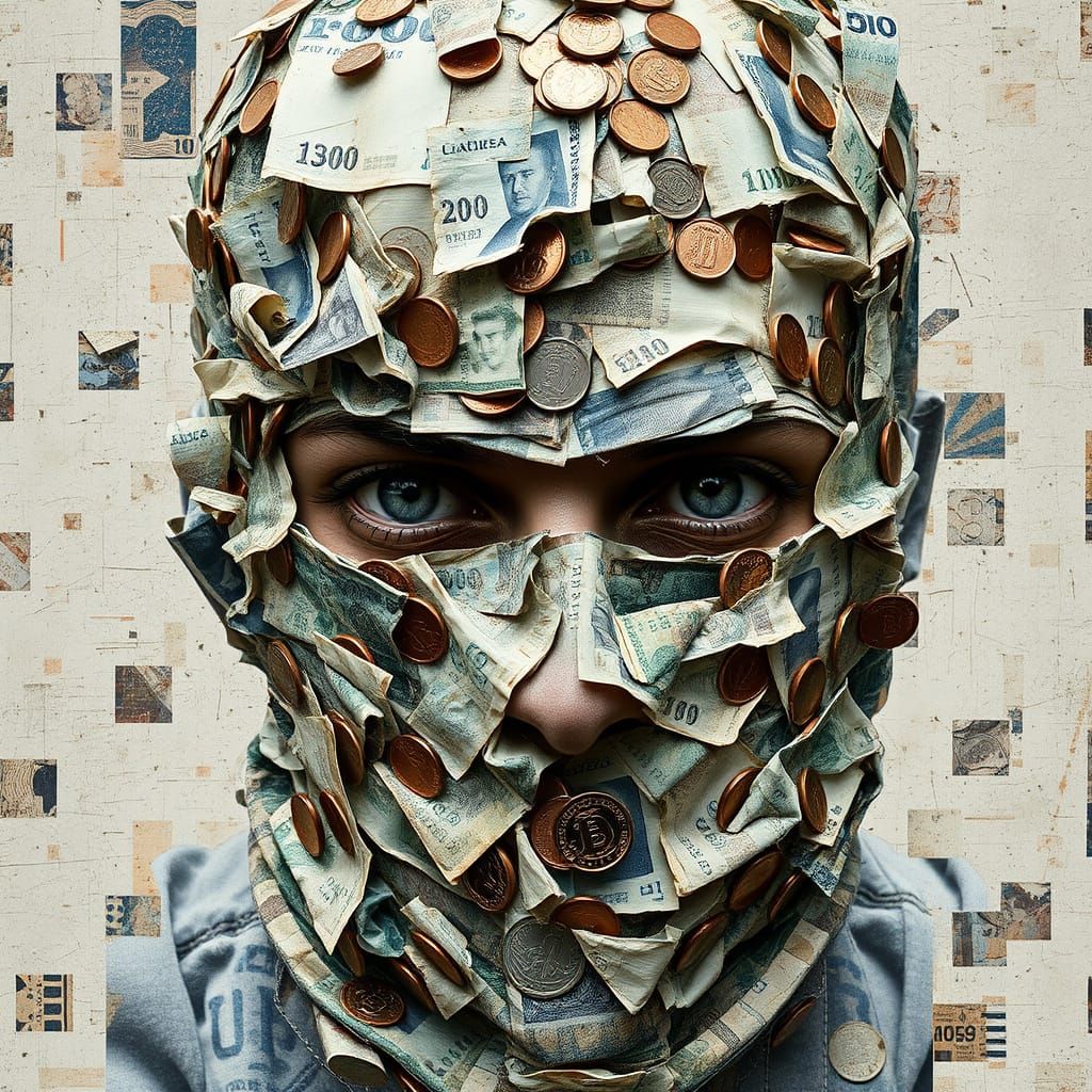 Masked Figure with Currency Mosaic & Glitchcore Style