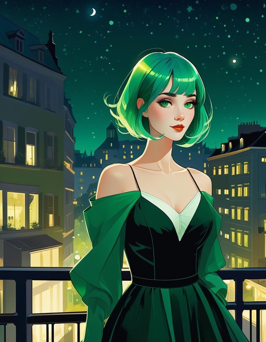 Green-Haired Girl in Detailed Cel-Shaded Nightscape
