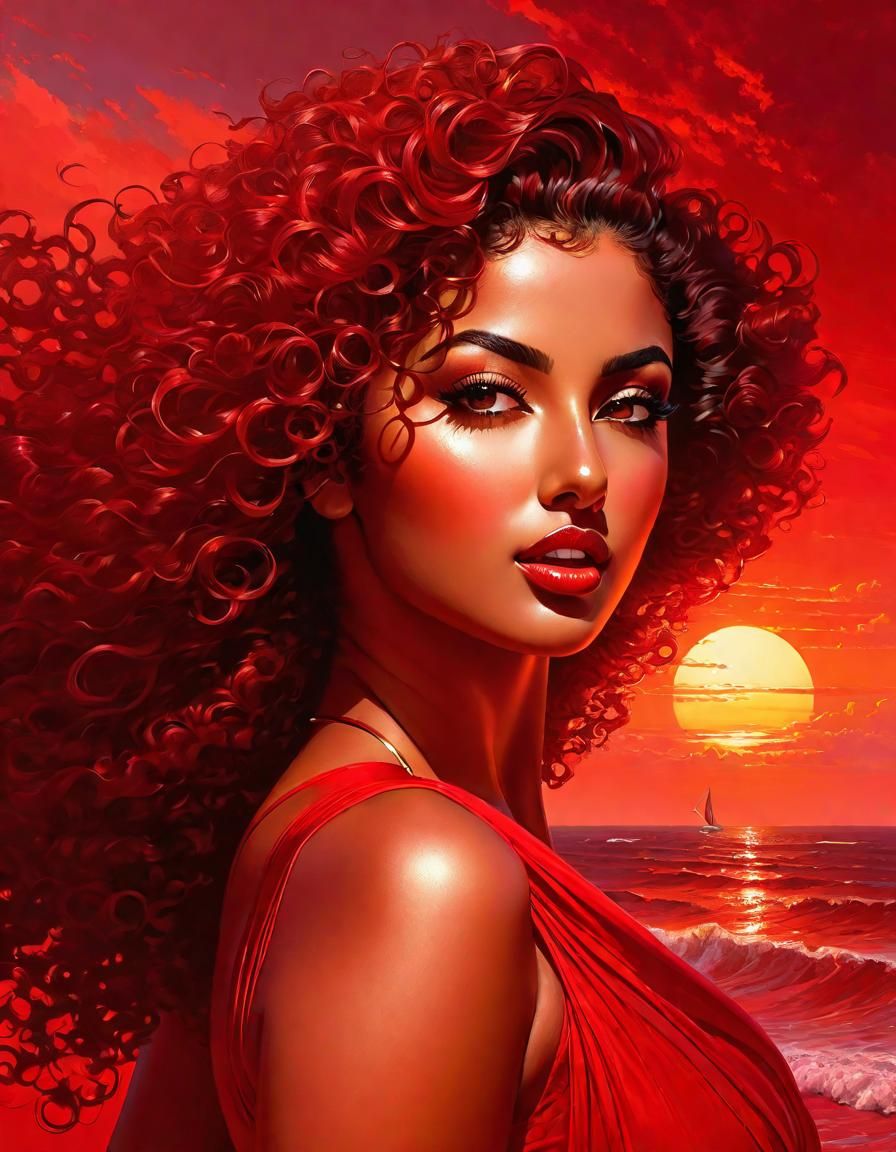 Red-Haired Woman Portrait with Sunset Background