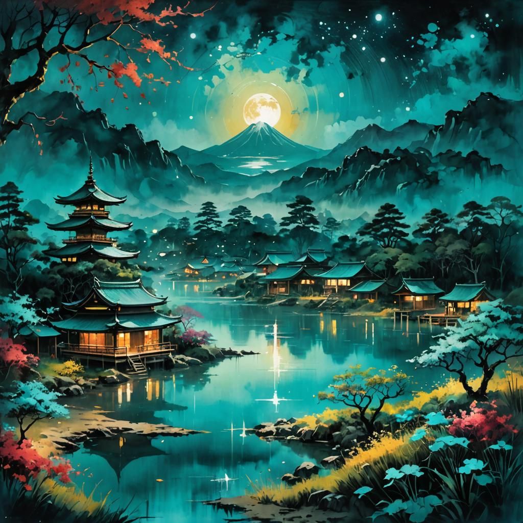 Magic Turquoise Japanese Village at Night