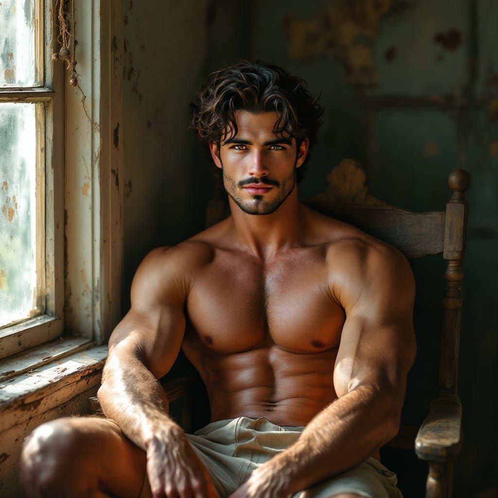 Chiseled Man with Brunette Curls in Golden Light