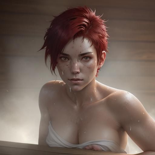 Female Soldier Relaxing in Steamy Sauna, Hyperrealistic Port...