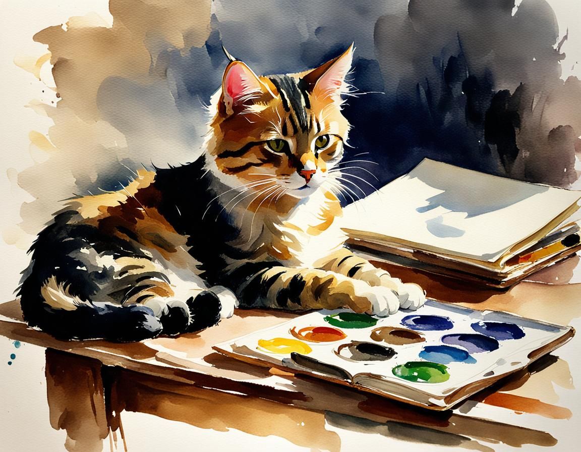 Impressionist Watercolor Sketch of Sleeping Cat