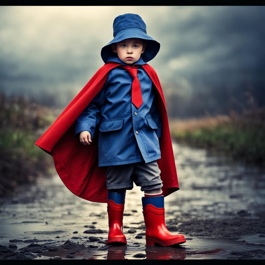 Hyperrealistic Boy in Cape and Boots