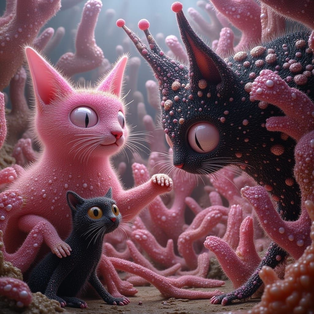 Whimsical Cats Gather in Surreal Dreamscape