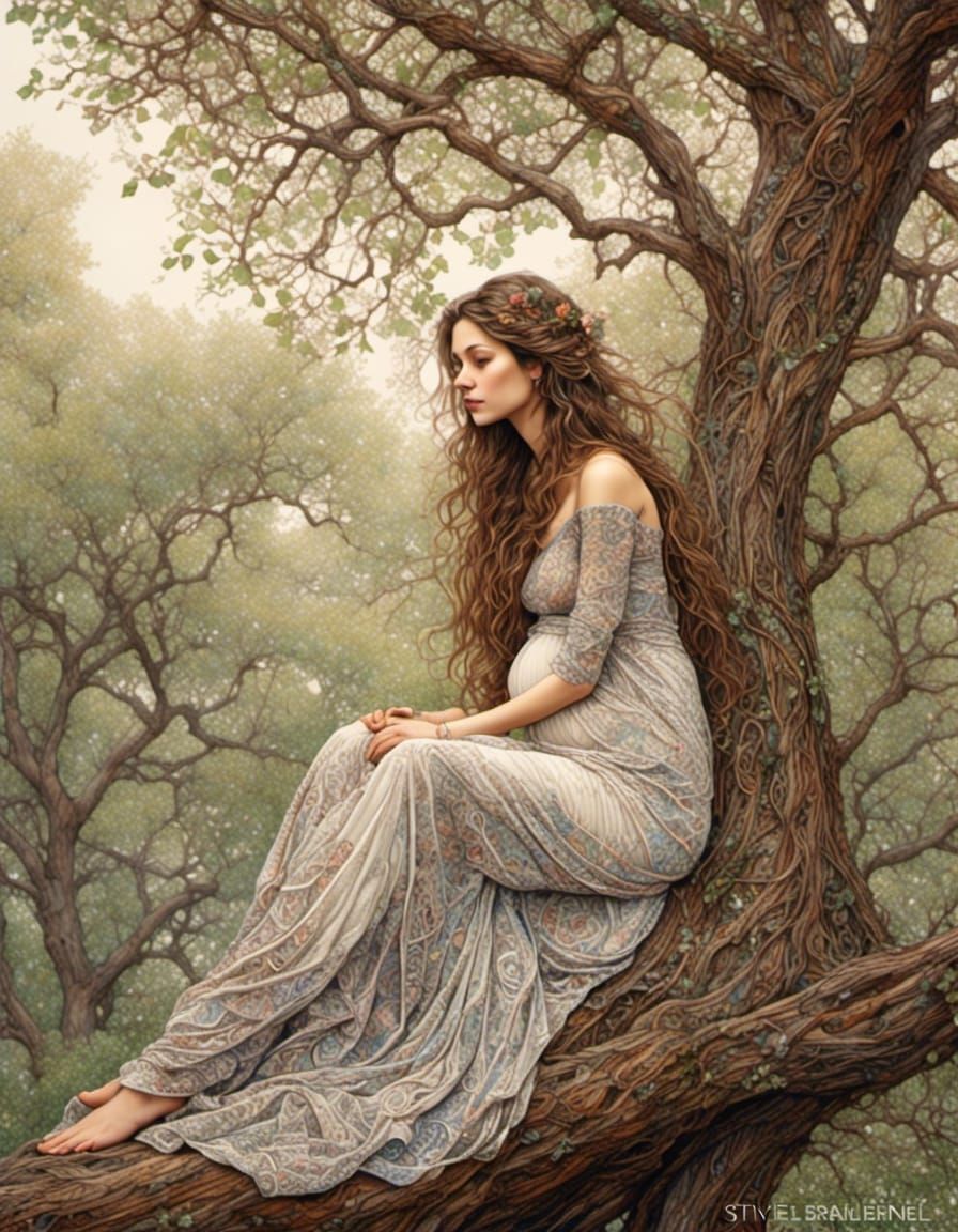 Pregnant Woman in Park Illustration