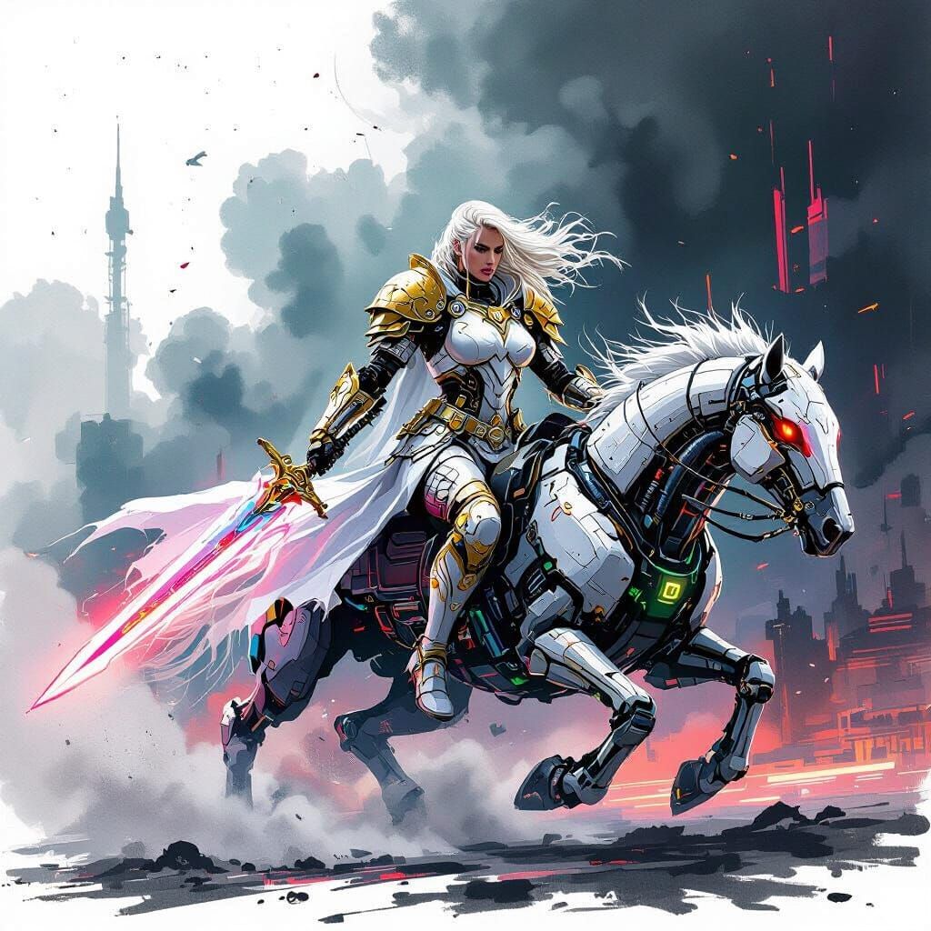 Valkyrie on Cybernetic Steed in Graphic Novel Style