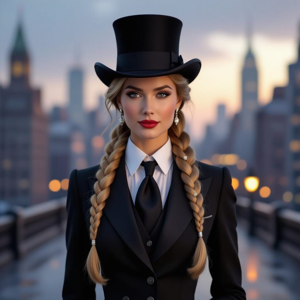 a confident woman embodying Victorian-era elegance. She poss...