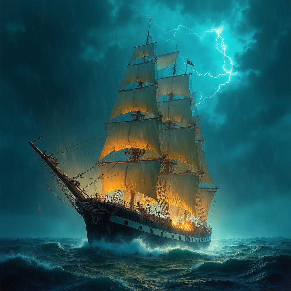 Majestic Sailing Ship in Turbulent Stormy Seas