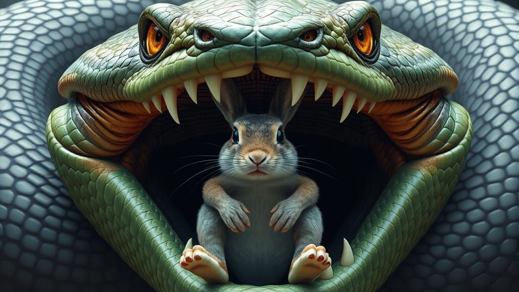 Rabbit Escapes Giant Snake's Jaws in Surreal Scene
