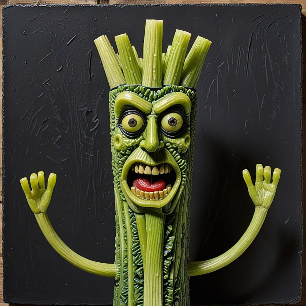 Dark Anthropomorphic Celery Figure in Encaustic Style
